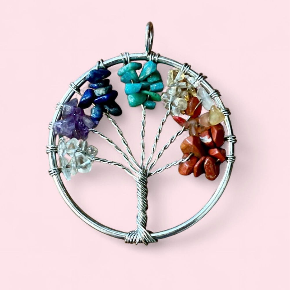 Silver Tree of Life Pendant with Multicolor Gemstone Chips
